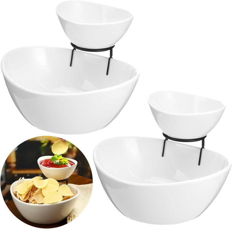 Singhoow 2 Set Chip and Dip Serving Set 2 Tier Chip and Dip Serving Dish Porcelain Appetizer Bowl and Platter with Stand for Food Taco Bar Salad Display Dessert Entertaining Party(Black,Classic Style) - Image 1